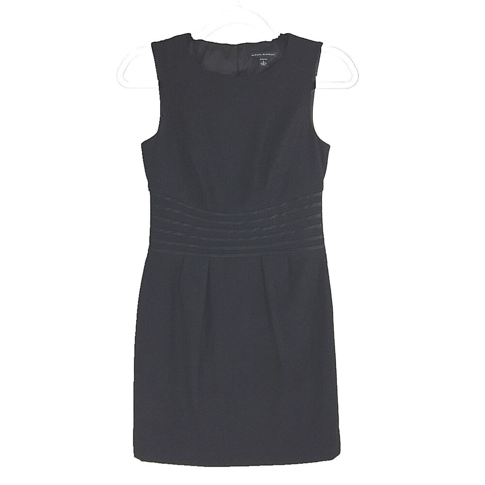 Banana Republic Dress 0 XS Stretch Black Flannel Wool Bl Sheath‎ Silk Trim Waist